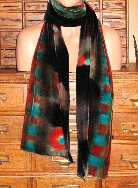 Velvet Scarf, Handmade Abstract Print Velvet Scar… - image 5