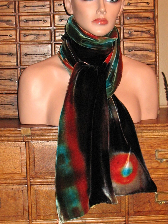 Velvet Scarf, Handmade Abstract Print Velvet Scar… - image 3