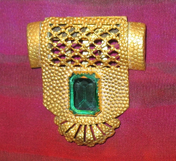 1930s Dress Clip, Detailed Brass Dress Clip with Rect… Gem