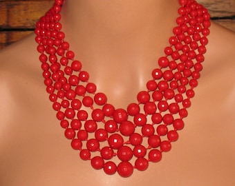 1950s Necklace, 1940s Red Plastic Bead Necklace, Mid Century Red Statement Necklace, 5-Strand Faceted Bead Necklace, 1940s Red Jewelry