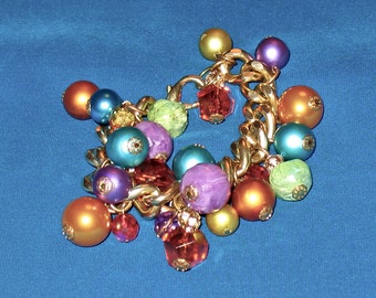 1980s MultiCharm Beaded Bracelet with Purple Red Green and Gold Beads, 1990s Festive Gold Tone Chain Bracelet with Multicolored Round Beads