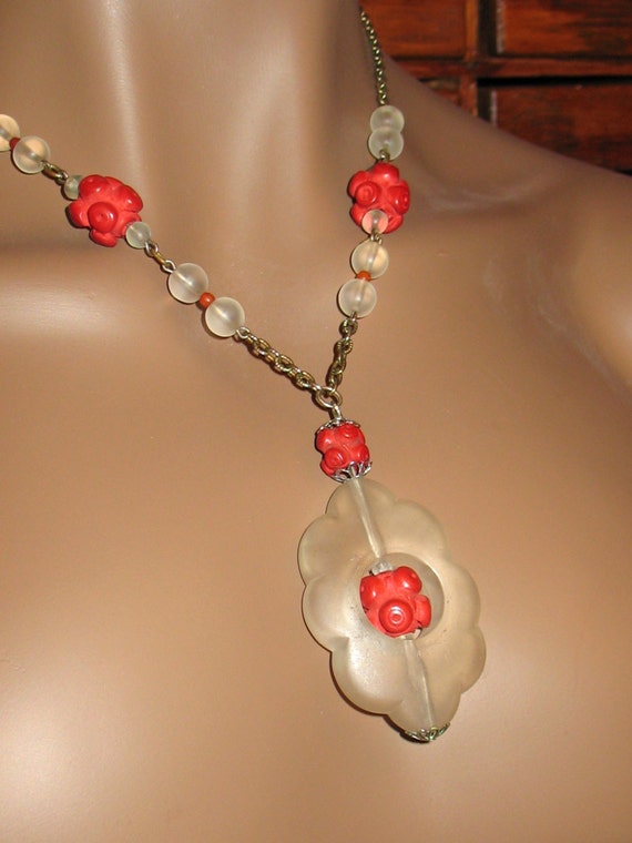 1940s Necklace, Translucent Plastic and Red Bead … - image 4