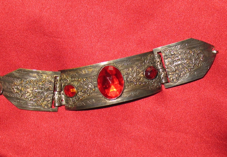 1930s Bracelet Scroll Work on Three-Link Bracelet from the 30s 30s Bracelet in Silvertone with Red Faceted Glass Stones 1930s 1920s