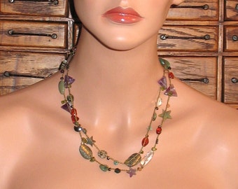 1980s Artisan Necklace, 90s Risa Benson Bead Necklace, 1980s, OOAK Unique Minerals Necklace, 1980s Semi-Precious Stones on Handmade Necklace