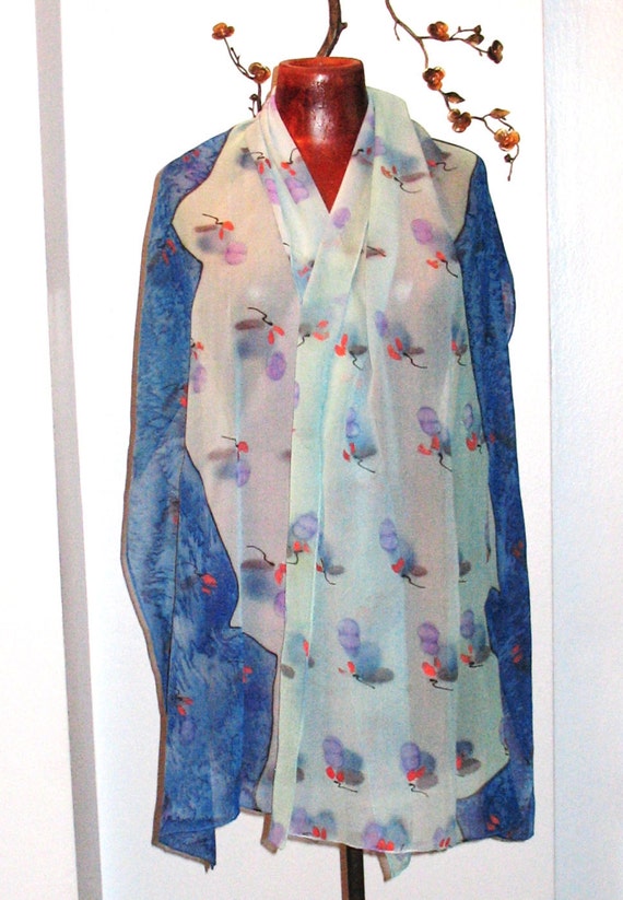 1980s Handmade Scarf, Long Silk Chiffon Scarf wit… - image 3