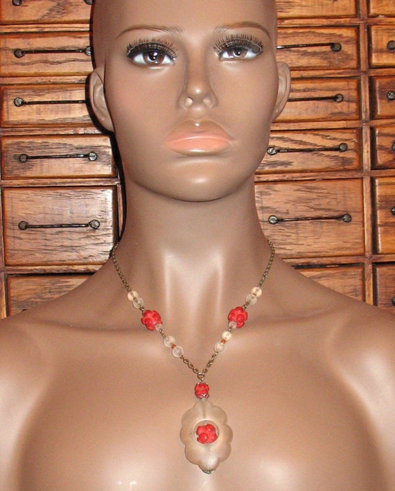 1940s Necklace, Translucent Plastic and Red Bead … - image 3