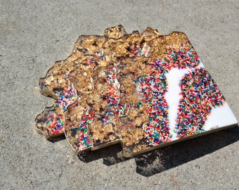 Rainbow Sprinkles Geode Slice Coaster, Gold Flakes Resin Coaster