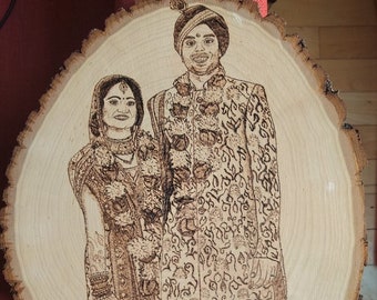 Wood Burned Couple Portrait, Pyrography Anniversary Gift