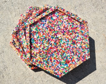 Rainbow Sprinkles Resin Coaster, Gold Edge Hexagon Coaster