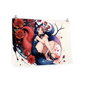 May include: A digital illustration of a woman with blue and red fox tails. She is wearing a black dress and high heels. The background is a white canvas with red roses and black ink splatters.