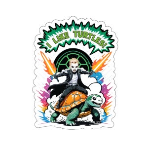 May include: A cartoon character in a black and white outfit riding a green and orange turtle. The character is holding two swords and has a green and white shell behind them. The background is a colorful explosion with the words "I LIKE TURTLES!" in a speech bubble.