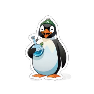 May include: A cartoon penguin wearing a green beanie with a marijuana leaf design, holding a blue glass bong. The penguin is smiling and has a happy expression.