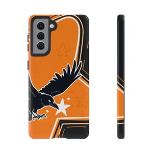 May include: A rectangular smartphone case featuring a vibrant orange background with a black graphic of a flying crow and white star accents. The design includes bold black and white curved lines, and the case has a black camera cutout area.