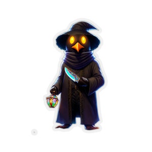 May include: A black and purple cartoon character wearing a pointed hat and holding a knife and a lantern.