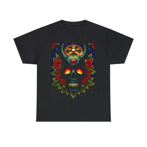 May include: Black t-shirt with a graphic of a blue skull with red roses and a pentagram.