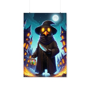 May include: A cartoon illustration of a black bird wearing a wizard hat and holding a knife and a lantern. The bird is standing in front of a dark, mysterious castle with glowing windows.