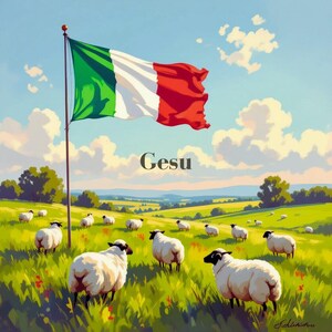 May include: An illustration of a green field with sheep grazing under a blue sky with clouds. An Italian flag waves in the wind. The word "Gesu" is written in the center of the image.