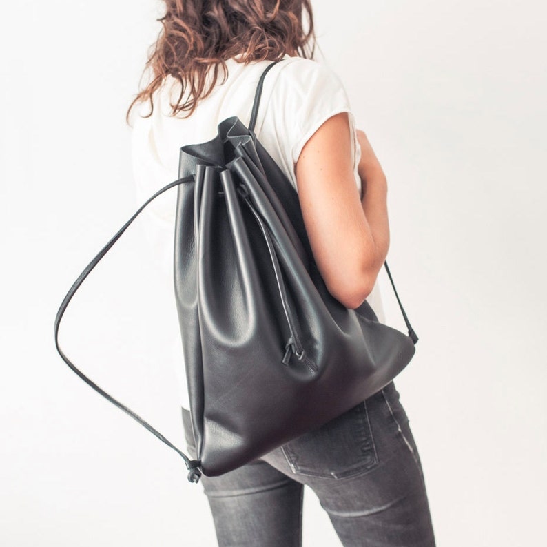 Leather Backpack Roomy Black Color image 3