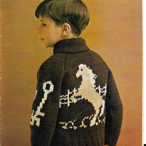 PATRÓN de punto HORSE JUMPING, estilo gráfico Mary Maxim, tamaño de cárdigan de caballo 4, 6 - chaqueta frontal con cremallera - valla de salto de caballo, 1960s