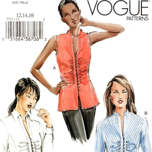 Patrons de couture - CHEMISES | TOPS (taille 12-16) Vogue 7751, semi-ajusté, biais, col, bande devant, poignets manches longues ou sans manches