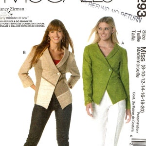 May include: A sewing pattern for a jacket with a wrap style closure. The pattern is for sizes 8-10-12-14-16-18-20. The pattern is called McCall's M6293.