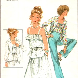 May include: A vintage sewing pattern featuring two women's outfits. The first outfit is a white sleeveless dress with a ruffled neckline and a matching white jacket. The second outfit is a blue pantsuit with a floral print top and a matching jacket.