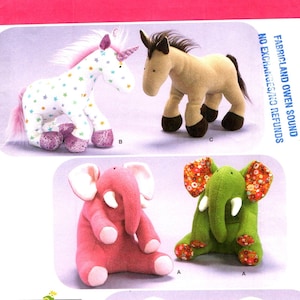May include: A sewing pattern for making plush toys. The pattern includes instructions for making a unicorn, a horse, two elephants, and two lambs. The pattern is from Simplicity and is for one size.