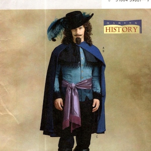 Costume Sewing Patterns MUSKETEER Men Size 34 36 38, Designer Cindy Chock, Waist Length Jacket, Clock, Sash