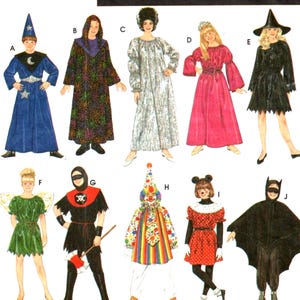 May include: Simplicity Costumes pattern 8285, size A, featuring illustrations of ten different costume styles labelled A through J, including a wizard, a hooded robe, a silver gown, a pink dress, a witch, a fairy, a pirate, a clown, a mouse, and a bat.