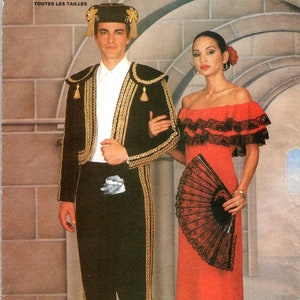 May include: A sewing pattern for a man's and woman's costume. The man's costume is a black jacket with gold trim and white pants. The woman's costume is a red dress with black lace trim. The pattern number is 3237 Butterick. All sizes included. Toutes les tailles.