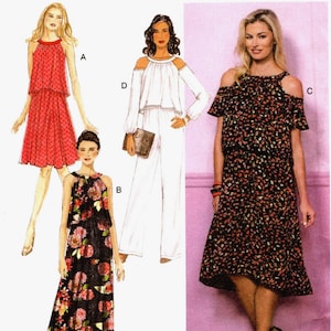 Patrons de couture, combinaison et robe épaules dénudées (taille 6-14) Easy Butterick B6452, jambe large