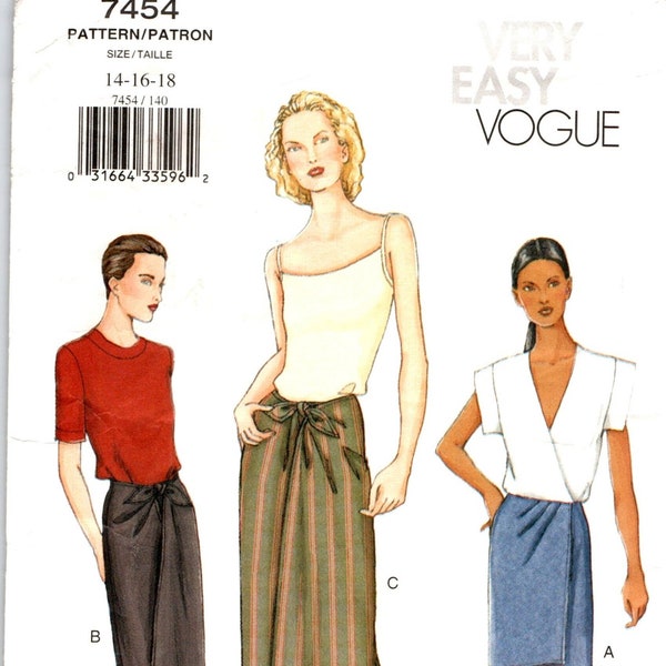 Very Easy Vogue 7454 Straight Casual Skirt Sewing Pattern for Women Misses Size 14 16 18, Semi-Fitted, Front Ties, Back Slit, Long Short