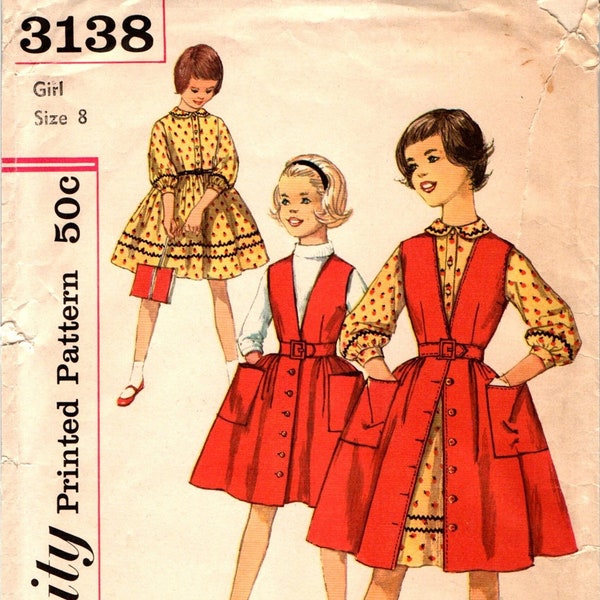 Mid Century Girls Dress Sewing Pattern, Size 8, One Piece Dress and Jumper with Full Gathered Skirt, Simplicity 3138, 1950s /60s Uncut