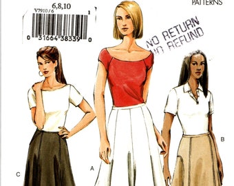 LOOSE-FITTING, FLARED Skirt Sewing Pattern, Misses Women Size 6 8 10 Below Mid-Knee, Easy Vogue V7910, Waistband, Pockets, Back Zipper, 2004