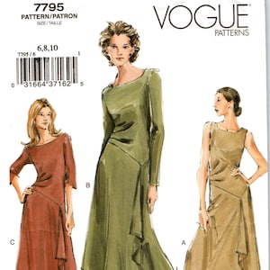 May include: A sewing pattern for a dress with three different styles. The pattern is for sizes 6, 8, and 10. The dress is shown in three different colors: green, brown, and red. The pattern is from Vogue Patterns.