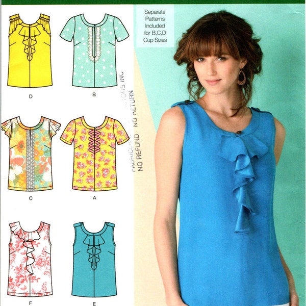 Ruffled Tops Blouse Sewing Pattern for Misses Women Plus Size 14 16 18 20 22, Separate Patterns for B, C, D Cup Sizes, Sleeve Variations