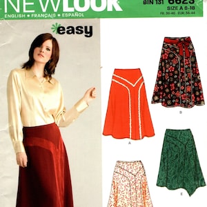May include: A sewing pattern for a skirt with five different styles. The pattern is from Newlook and is labeled "easy". The pattern includes a red skirt, a green skirt, a floral skirt, a black and white floral skirt, and a solid red skirt.