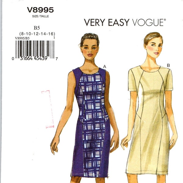 Very Easy Vogue V8995 Dress Sewing Pattern for Women Misses Size 8 10 12 14 16, Semi-Fitted, Lined with Hemline Slit, Casual or Work Wear