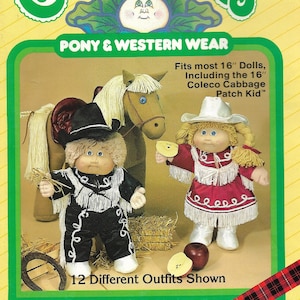 May include: A vintage Cabbage Patch Kids pattern package featuring two dolls in Western wear. The package includes a doll dressed in a black outfit with white accents and a doll in a red dress with a white hat. The package is labeled "Pony & Western Wear."