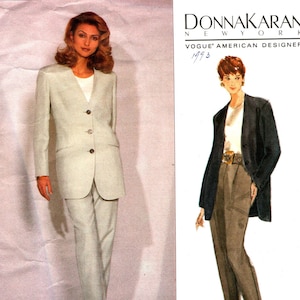 May include: Vogue Patterns sewing pattern featuring Donna Karan designs. The pattern includes a long, light-colored blazer with matching pants and a dark blazer with trousers. The pattern number is 2918.