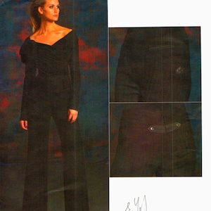 May include: A black ensemble featuring a long-sleeved top with an off-the-shoulder neckline and wide-leg pants. The image includes a close-up of the pants' details and the text "DONNA KARAN COLLECTION VOGUE AMERICAN DESIGNER". The pattern number is V2920.