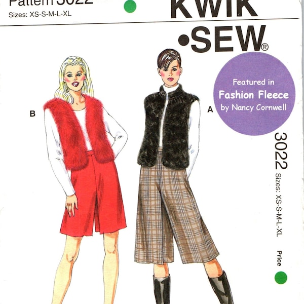 Easy Kwik Sew 3022 Vest and Culottes Gaucho Pants Sewing Pattern for Misses Women Size Xs Sm Med Lrg Xlarge, Two Length Culotte, Back Zipper