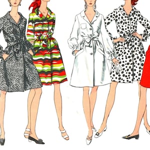 May include: A vintage Vogue sewing pattern for a basic dress, pattern number 1799. The pattern shows five different styles of the dress, including a white dress with a black polka dot pattern, a red dress, a black and white dress, a green and white striped dress, and a black and white patterned dress.