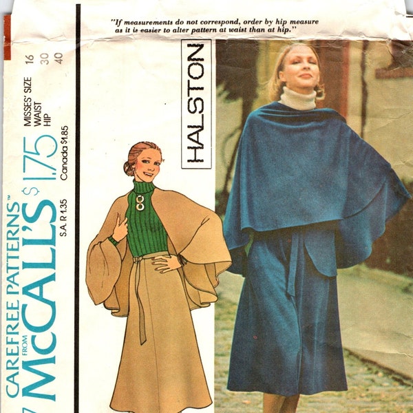 1970s HALSTON CAPE & SKIRT Sewing Pattern for Women Size 16 McCalls Carefree Patterns 4387, Skirt with Belt, Short Full Cape, Misses Vintage