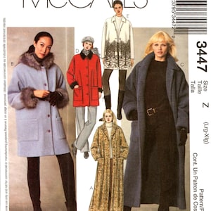 May include: McCall's sewing pattern with coat designs. The image displays different coat styles, including a light blue coat with fur trim, a red coat, a long floral coat, and a dark blue coat. The pattern size is Z (Lrg-Xlg).