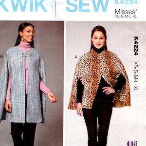 May include: A sewing pattern for a cape with two different styles. The first style is a light blue cape with a pink turtleneck underneath. The second style is a brown and black leopard print cape with a black turtleneck underneath. The pattern is called "KWIK SEW" and the pattern number is "K4224".