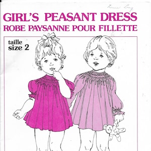 Vintage English Smocking Sewing Pattern, GIRL PEASANT DRESS by Grace LKnott,  Size 2, Two Styles Girls Smocked Dress, Canada 1982