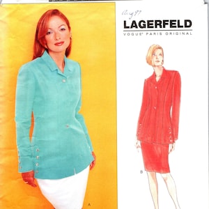 May include: A sewing pattern for a jacket and skirt. The pattern is for sizes 8-10-12. The pattern is by Vogue Patterns and is a Lagerfeld design. The pattern is from August 1997.