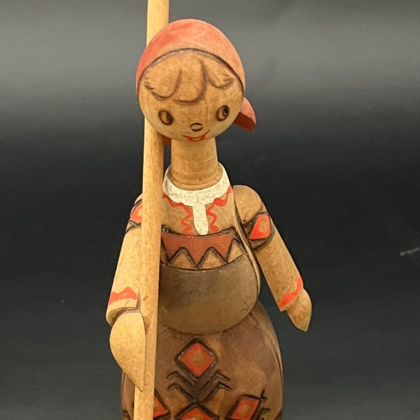 Very Vintage WOODEN RUSSIAN FOLK Art Doll, Painted Face in Original Condition, Berezka, Little White Birch Tree, 5 1/2" Tall, Holding Rake