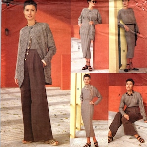 Peut inclure: Un patron de couture pour cinq pièces de vêtements faciles. Le patron comprend une longue veste, une jupe, un pantalon et deux hauts. Le patron est de Vogue et est pour les tailles 20-22-24.